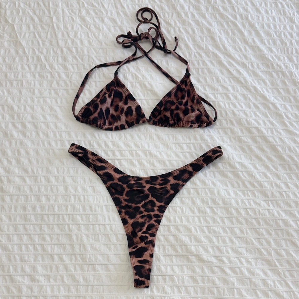 Women's Leopard-Print Brown Triangle Bikini Set - Adjustable Tie Swimwear